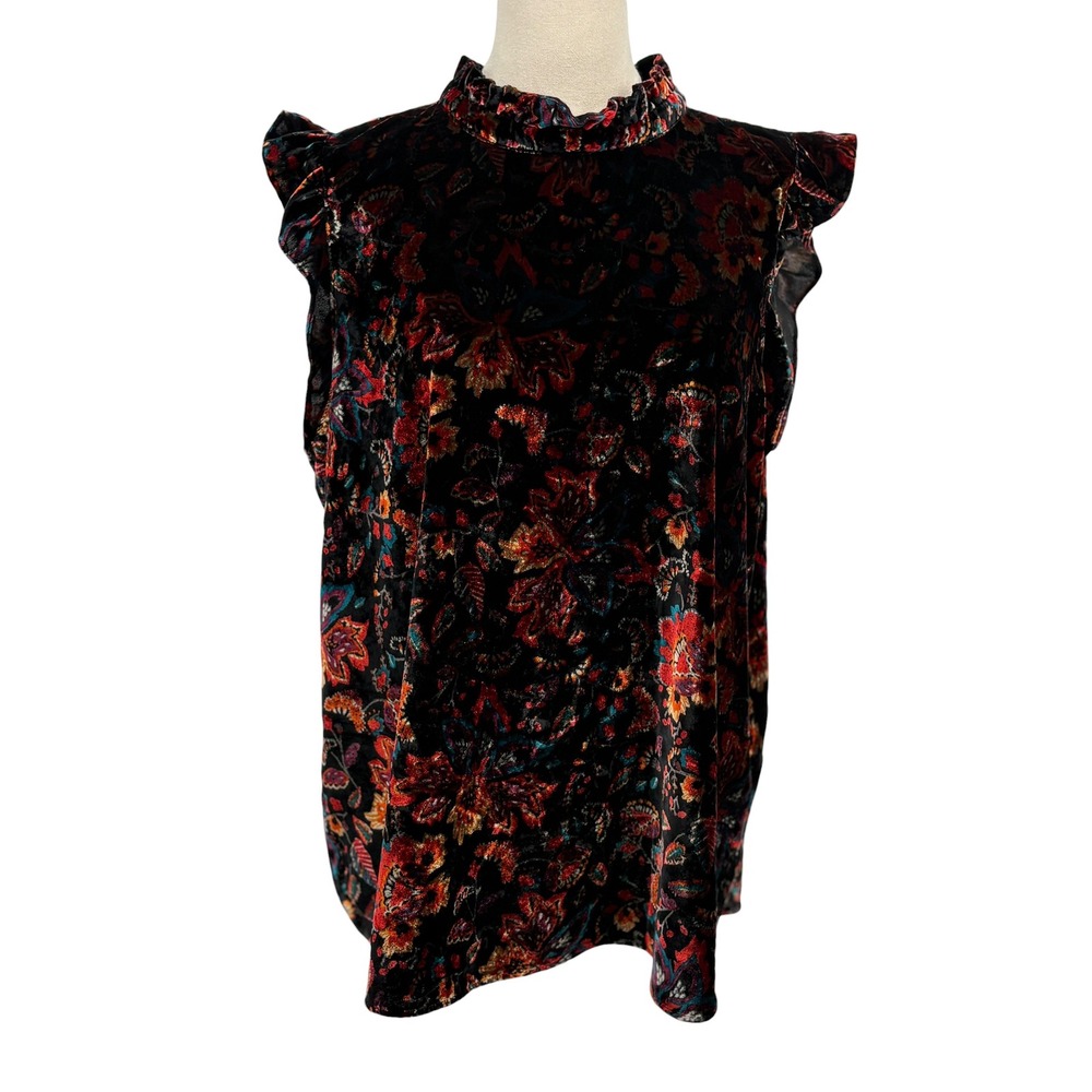 LOFT Velvet Top Black Floral Ruffled Mock Neck Sleeveless Blouse Large
